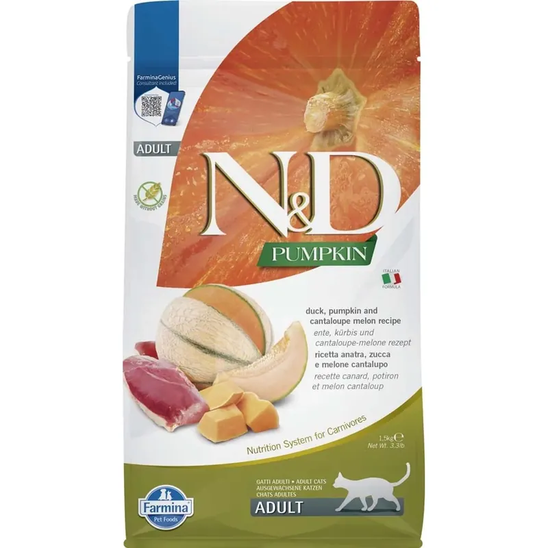 Croccantini per gatti N&D anatra, zucca e melone cantalupo 1,5 kg Beperkte Voorraad