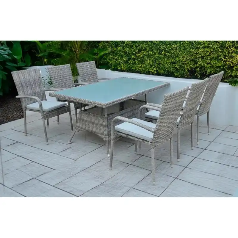 Goedkoop Tavolo e sedie da giardino Aramina in acciaio e rattan grigio 6 posti