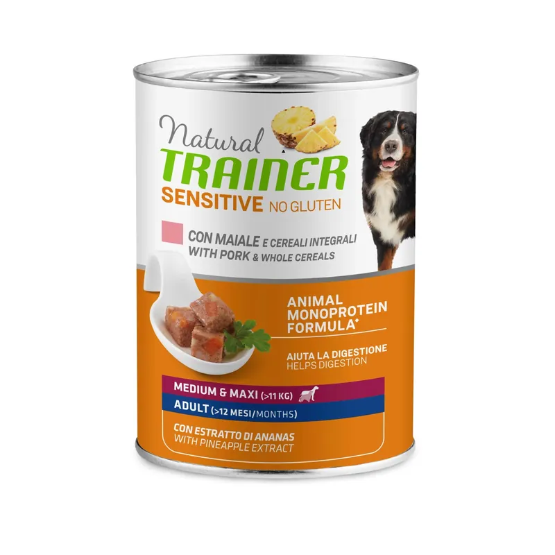 Snelle Levering Cibo umido per cani Natural Trainer sensitive no gluten maiale&cereali 400 g