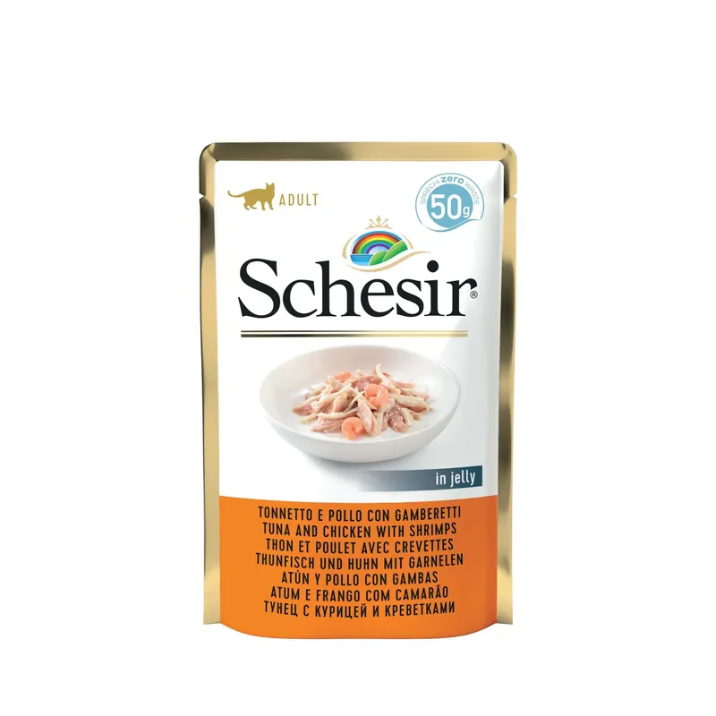 Speciale Aanbieding Cibo umido per gatti gusto Tonnetto E Pollo Con Gamberetti 50 g