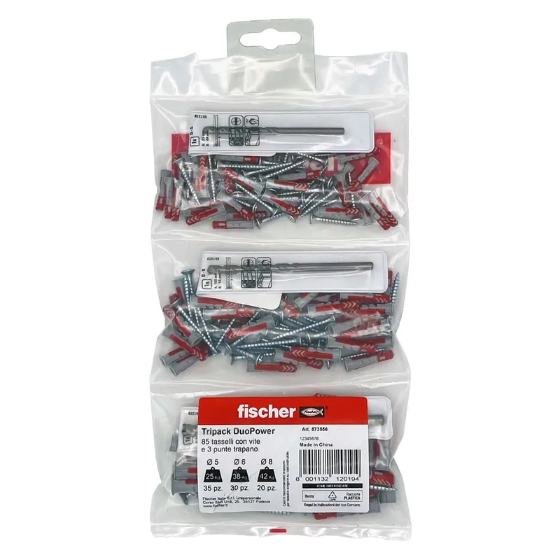 Kit tassello universale Fischer Tripack DuoPower con vite Ø5-6-8 mm 85 pz Voordeelprijs