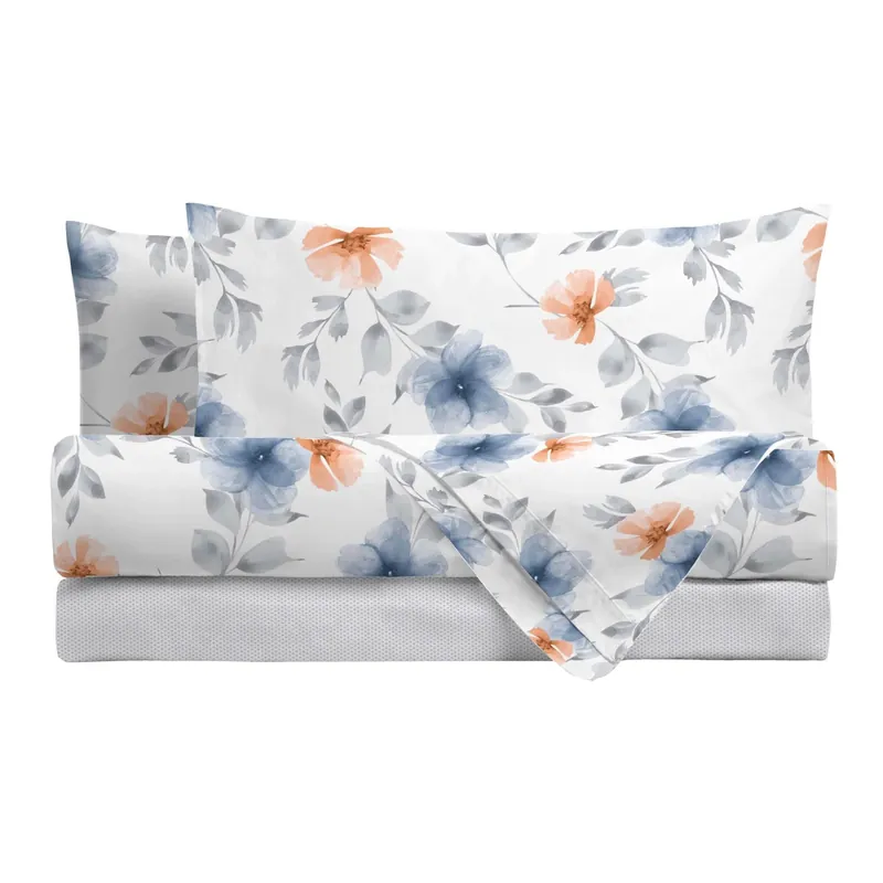 Completo letto matrimoniale stampato floreale azzurro Nieuw