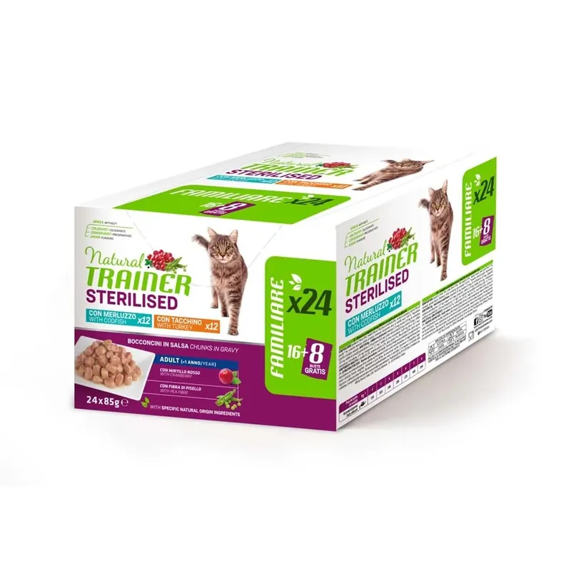 Direct Beschikbaar Cibo umido per gatti Natural Trainer sterilized merluzzo/tacchino 24x85 g