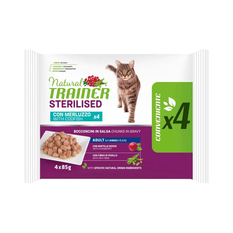 Cibo umido per gatti Natural Trainer merluzzo flowpack 4x85 g Superprijs