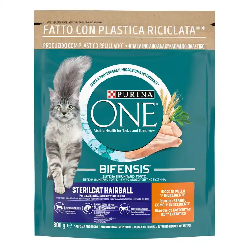 Crocchette per gatti sterilizzati al pollo Purina ONE Hairball 800 g Actieprijs