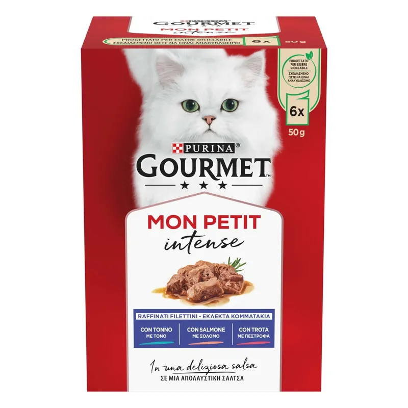 Cibo umido per gatti Purina Gourmet Mon Petit Tonno, Salmone e Trota 6x50 g Lage Prijs
