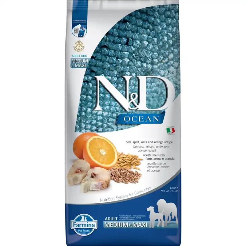 Bestseller Merluzzo, farro, avena e arancia per cani adulti N&D Ocean 12 kg