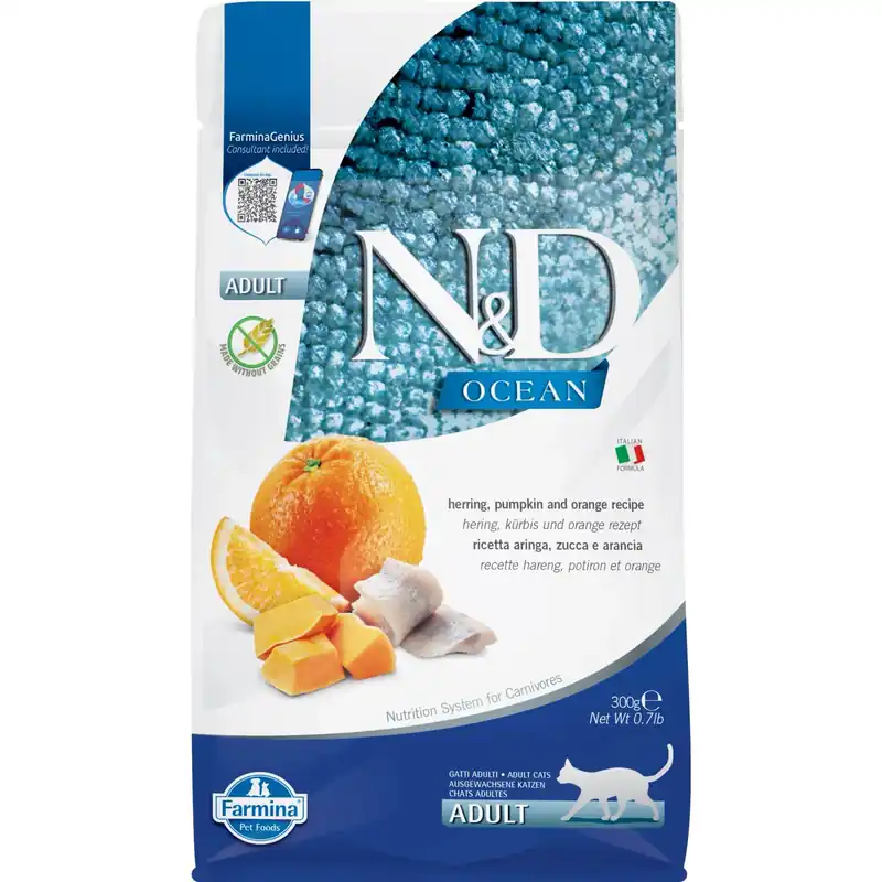 Betaalbaar Aringa, zucca e arancia per gatti adulti N&D Ocean 300 g