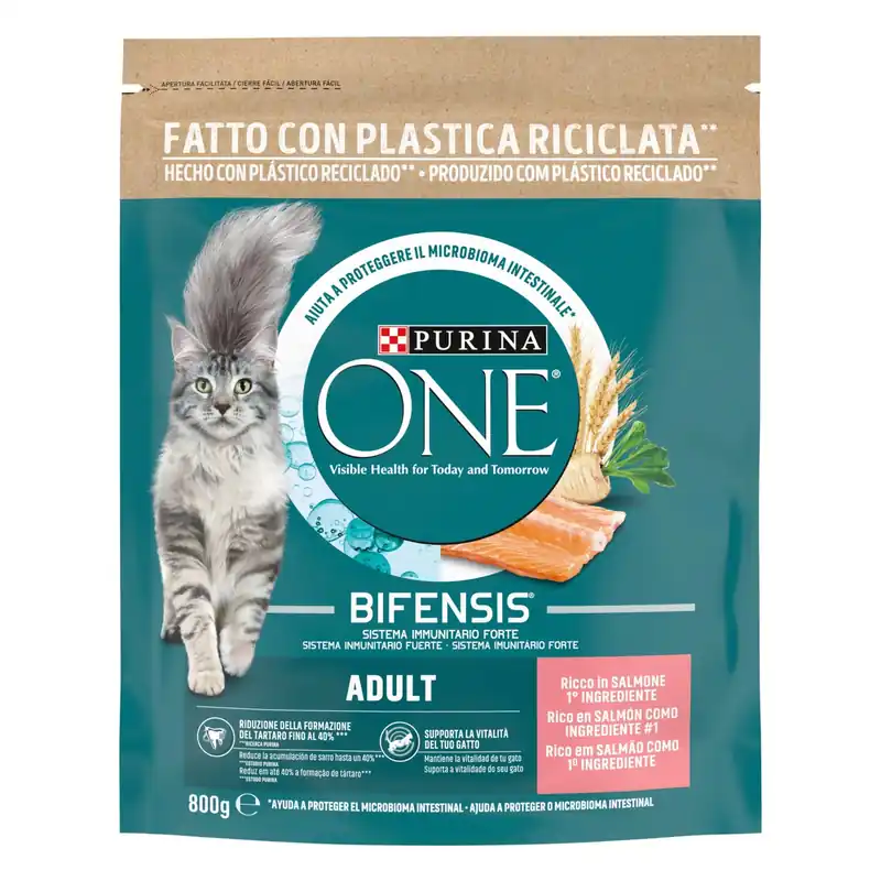Crocchette per gatti adulti con salmone Purina ONE 800 g Voordeelprijs