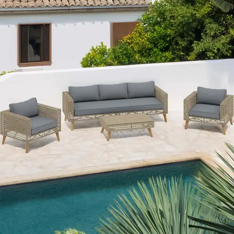 Salotto da giardino in rattan e legno grigio 5 posti Speciale Aanbieding