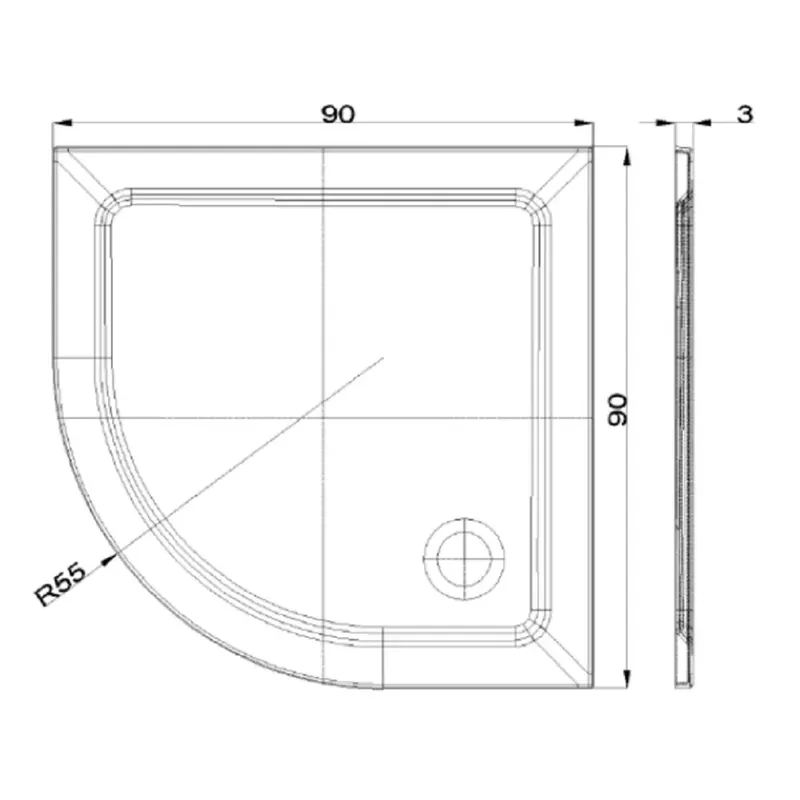 Piatto doccia semicircolare in tecnopolimero Mr.Flat 90x90 cm x H 3 cm Op = Op