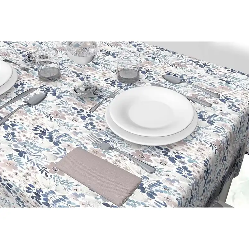 Voordeelprijs Tovagliato cotone antimacchia resinato H 140 cm x L 20 m Fiori blu beige