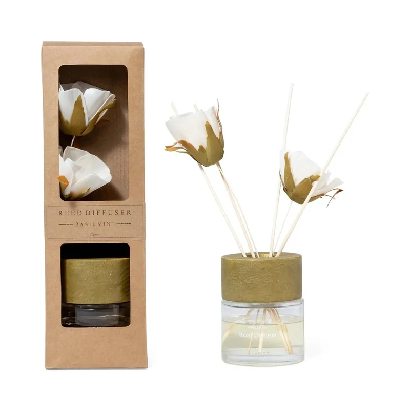 Koop Online Diffusore di essenza bacchetti fiore Basilico Menta vetro 100 ml scatola regalo