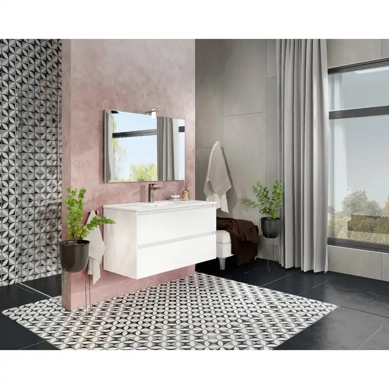 Pensile bagno Cube rovere bianca con lavabo e specchio 100 cm Snelle Levering