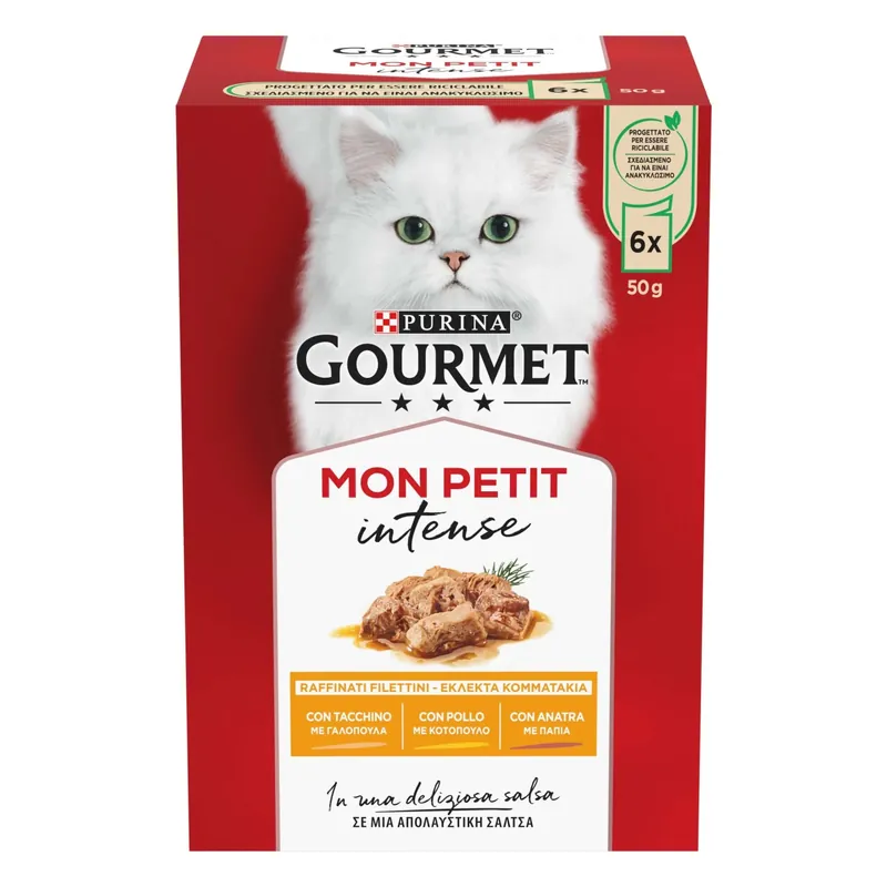 Cibo umido per gatti Purina Gourmet Mon Petit Anatra, Pollo e Tacchino 6x50 g Finale Uitverkoop