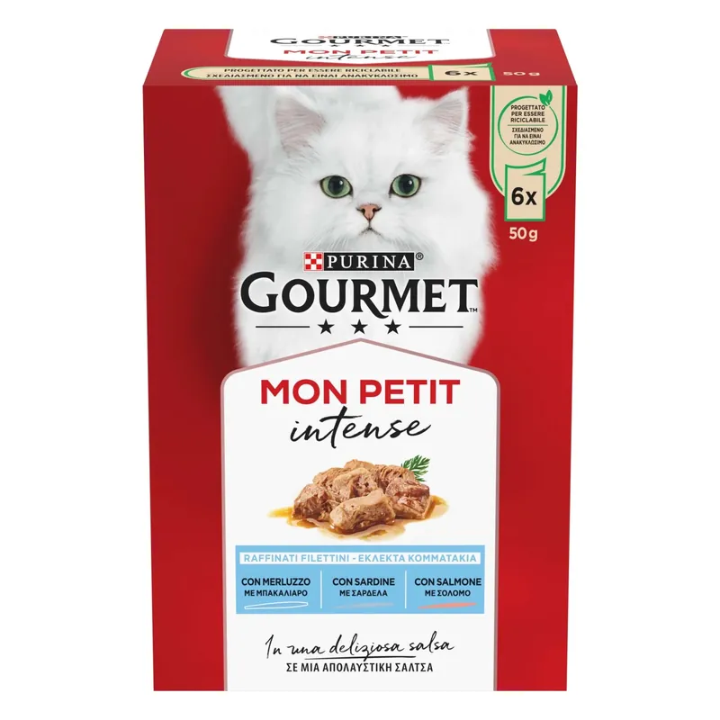 Flitsaanbieding Cibo umido per gatti Purina Gourmet Mon Petit Merluzzo, Sardina e Salmone 6x50 g